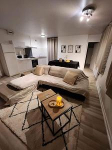 ein Wohnzimmer mit einem Sofa und einem Tisch in der Unterkunft Appartement cosy et chaleureux in Dunkerque