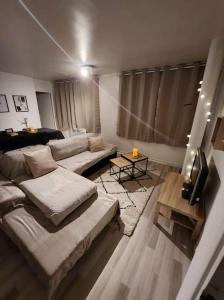 ein Wohnzimmer mit 2 Sofas und einem Tisch in der Unterkunft Appartement cosy et chaleureux in Dunkerque