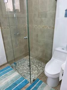 uma casa de banho com um chuveiro e um WC. em Casita Azul em Bastimentos