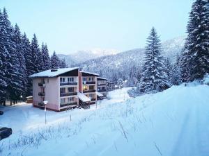 a building in the snow with snow covered trees at Jasna 96 III in Belá