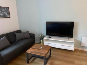 ein Wohnzimmer mit einem Sofa und einem Flachbild-TV in der Unterkunft Jonstrupvejens Apartments Lejl B in Ballerup