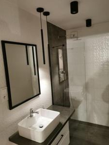 W łazience znajduje się umywalka, lustro i prysznic. w obiekcie Apartament w Choczewie w mieście Choczewo