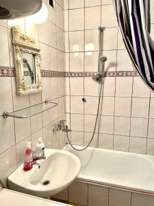ein Badezimmer mit einem Waschbecken, einer Dusche und einer Badewanne in der Unterkunft Airport Sarajevo Apartment 2 in Sarajevo