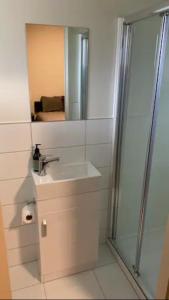 a bathroom with a sink and a shower with a mirror at Home Away from Home - Waitaki Lakes Apartment A5 in Otematata