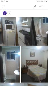 un collage de cuatro fotos de un dormitorio y un baño en Dpto pleno centro de mardel, SOLO FAMILIAS O PAREJAS en Mar del Plata