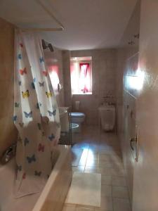 ein Badezimmer mit einem WC und einem Duschvorhang mit Schmetterlingen in der Unterkunft Locazione turistica di Via Ottaviano a Roma in Rom