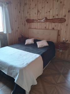 1 dormitorio con 1 cama en una pared de madera en Hostel Andino en Villa Pehuenia