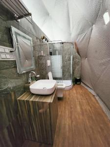 a bathroom with a sink and a shower in a tent at North Wind 57 in Bīr