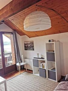 sala de estar con techo de madera y una lámpara grande en Duplex cocooning avec vue lac et montagnes en Savines