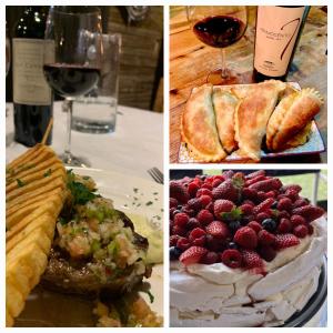 three pictures of different types of food and wine at Le Fario Lodge in Patagonia in Parque Nacional Los Alerces +27 photos