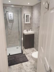 a bathroom with a shower and a toilet and a sink at Spacious loft space with private en-suite bathroom in London