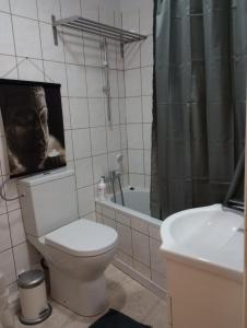 La salle de bains est pourvue de toilettes, d'un lavabo et d'une baignoire. dans l'établissement Cosy apt à 200m de la Cathédrale, à Liège