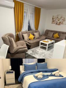 two pictures of a bedroom with a bed and a couch at Elif Apartman in Novi Pazar