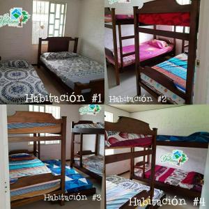 4 photos de lits superposés dans un dortoir dans l'établissement Casa Campestre La Yuliana, à Santa Helena