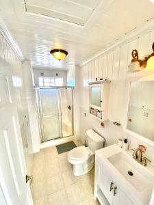 a white bathroom with a toilet and a sink at Eleuthera Retreat - Villa & Cottages on pink sand beachfront in North Palmetto Point