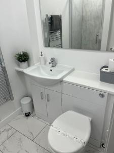 Baño blanco con aseo y lavamanos en Beautiful refurbished, self-contained apartment, en Fife