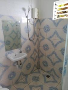 La salle de bains est pourvue d'un lavabo et d'une douche. dans l'établissement The balcony of the camiguin island, à Mambajao