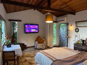 ein Schlafzimmer mit einem Bett und einem TV an der Wand in der Unterkunft Amazing forest House in the city! Private guest suite - double studio room in Rio de Janeiro