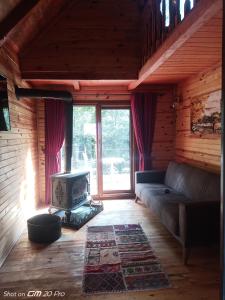 MJORA Bungalov Ayder في Güroluk: غرفة معيشة مع أريكة وموقد