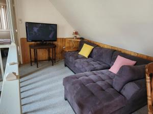 sala de estar con sofá púrpura y TV en Cozy Chalet Free Wi-Fi, and Grill, en Pocono Country Place