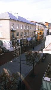 una calle de la ciudad con edificios y un semáforo en Downtown Apartment Rentals, en Šiauliai