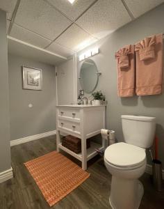 W łazience znajduje się biała toaleta i lustro. w obiekcie Spruce Moose Mtn Retreat w Sauna 11 Miles to World Class Ski w mieście Sandy