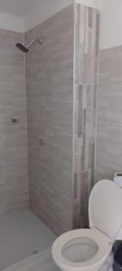 ein Bad mit einem WC und einer Dusche in der Unterkunft Apartamento Santa Marta Piscina cerca del Rodadero in Santa Marta