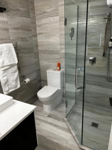 a bathroom with a toilet and a glass shower at Coronet Haven in Queenstown