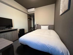 um quarto de hotel com uma cama e uma televisão de ecrã plano em Hotel Route Inn Shunan - Tokuyama Higashi Inter - em Shunan