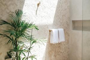 a bathroom with a plant and towels on a wall at Botanique Villa & Studio in Tanah Lot +60 photos