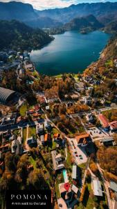 an aerial view of a town next to a lake at Villa Pomona in Bled