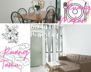 a collage of photos of a living room and a dining room at Bonda Lilik Homestay in Klang