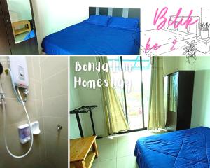 巴生的住宿－Bonda Lilik Homestay，一张床位和淋浴室的照片拼在一起