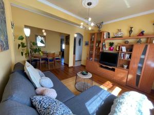 uma sala de estar com um sofá azul e uma televisão em Apartamento con piscina privada em Vigo
