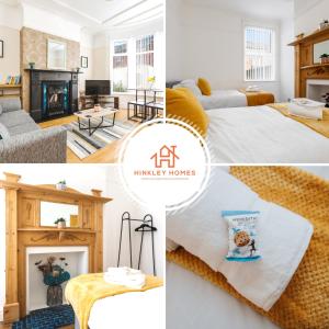 a collage of photos of a bedroom and a living room at Supersized 5bed - Free parking - 8 beds - Anfield - By Hinkley Homes Short Lets & Serviced Accommodation in Liverpool