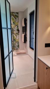 uma casa de banho com um espelho e uma cabina de duche ao nível do chão em La Garçonnière Genval em Rixensart
