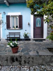 a blue house with a bench and a door at CASA VACANZE "LA QUIETE" in Nonio