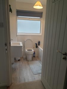 a bathroom with a toilet and a sink and a window at Fully Equipped Modern 3 bedroom House in Bishops Stortford