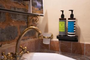 lavamanos en el baño con 2 botellas en un estante en 4 Seasons Premium Chalet, en Palaios Agios Athanasios