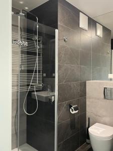 a bathroom with a shower and a toilet and a sink at visiting apartments - Wyspa Słodowa in Wrocław +20 photos