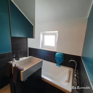 een badkamer met een witte wastafel en een raam bij Holiday home le Lurçon et la Lurcette in Libin