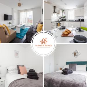 Newbuild 4bed - City Centre - Free secure parking! By Hinkley Homes Short Lets & Serviced Accommodation في ليفربول: مجموعة من الصور لغرفة معيشة ومطبخ