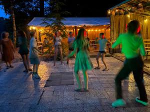 een groep mensen die 's avonds dansen op een feestje bij Slaapwagen Veldzicht in Papenvoort