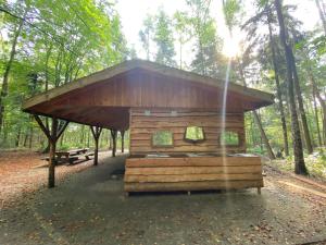 a wooden cabin with a roof in the woods at Slaapwagen Veldzicht in Papenvoort