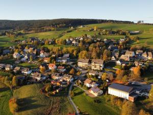 una vista aérea de una pequeña ciudad en las colinas en Ferienwohnung 11 Haus Feldbergblick, en Lenzkirch