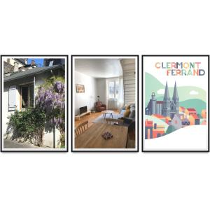 three pictures of a living room and a house at La Maison Blatin in Clermont-Ferrand
