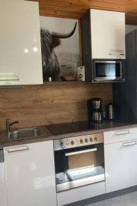 a kitchen with a stove and a microwave at Apartment Eisenhut - EBE500 by Interhome in Hüttau