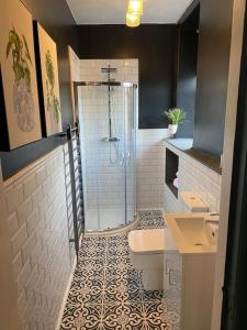 La salle de bains est pourvue d'une douche, de toilettes et d'un lavabo. dans l'établissement Frasers Apartment, à Golspie