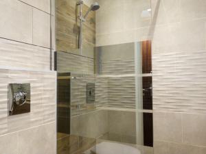 uma casa de banho com um chuveiro e um WC. em Studio Le Curling B - Val Claret-36 by Interhome em Tignes