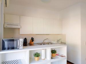 uma cozinha branca com um lavatório e um micro-ondas em Studio Shina em Lugano